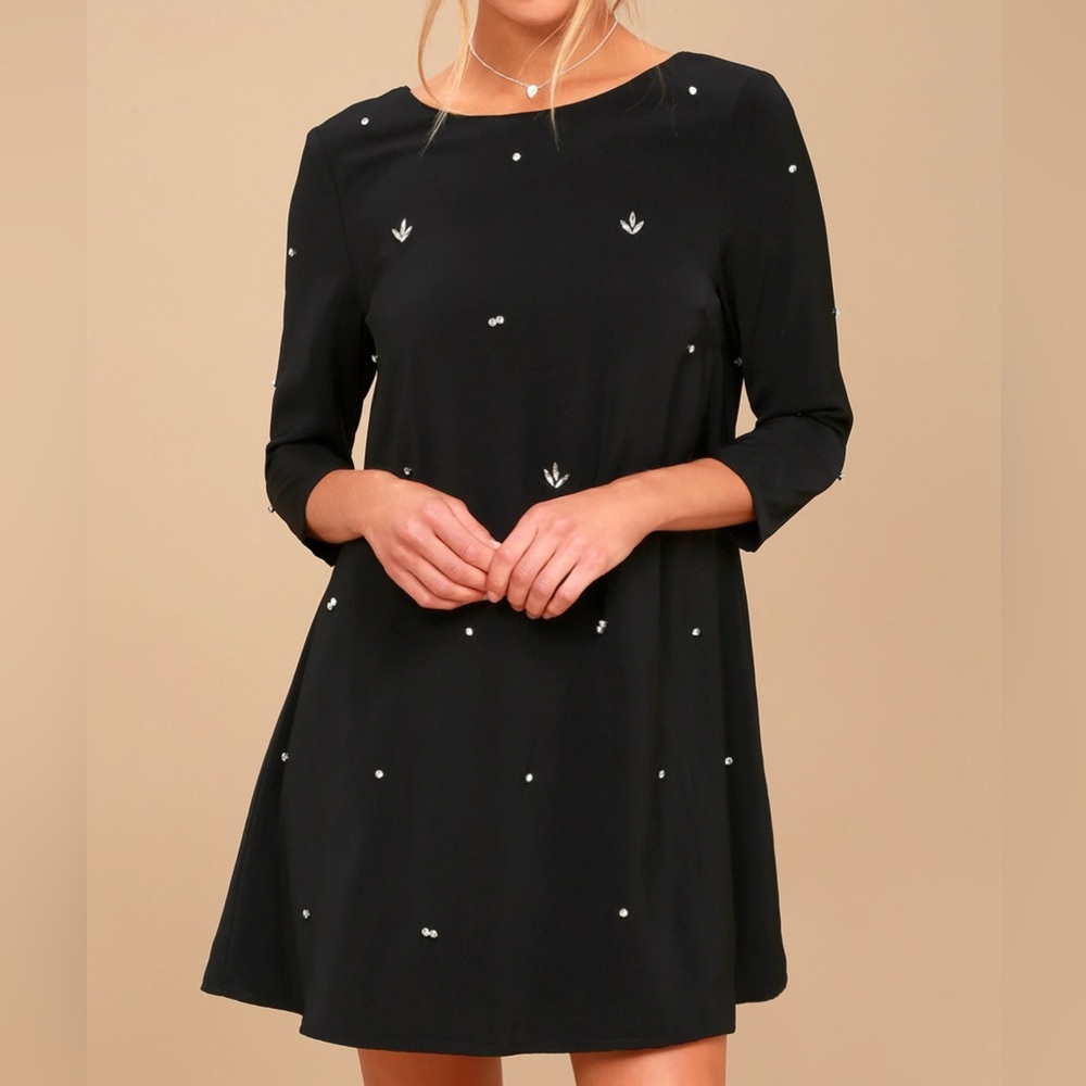 Lulus Mini Dress Black Rhinestone Glam Swing 3/4 Sleeves Small